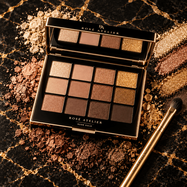 Rosé Atelier Nude Gold akių šešėlių paletė, 12 spalvų